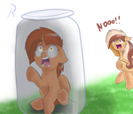 Size: 3580x3080 | Tagged: safe, artist:reinbou, oc, oc only, oc:delicatezza, oc:sweet cinnamon, bat pony, pony, unicorn, duo, duo female, female, high res, jar, lewd container meme, not sunburst, pony in a bottle, scared, screaming, text