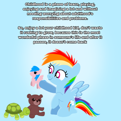 Size: 1400x1400 | Tagged: safe, artist:mlplary6, firefly, rainbow dash, pegasus, pony, turtle, g1, g4, childhood, female, filly, filly rainbow dash, foal, gradient background, light blue background, playing, plushie, simple background, sitting, smiling, teddy bear, text, toy, younger