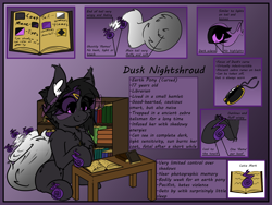 Size: 2000x1500 | Tagged: source needed, safe, artist:aryn, oc, oc:dusk nightshroud, reference sheet