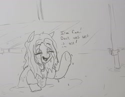 Size: 2048x1595 | Tagged: safe, artist:pony quarantine, oc, oc only, oc:beach love, earth pony, pony, dialogue, eyebrows, eyebrows visible through hair, eyes closed, female, grayscale, mare, monochrome, open mouth, open smile, partially submerged, pencil drawing, smiling, solo, traditional art, underhoof, water, wet, wet mane