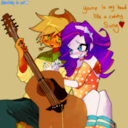 Size: 1598x1598 | Tagged: safe, artist:friendshipisart, applejack, rarity, human, equestria girls, g4, blushing, clothes, duo, female, freckles, guitar, hat, heart, hug, lesbian, looking at each other, looking at someone, musical instrument, ship:rarijack, shipping, sitting, smiling, text