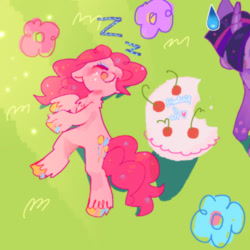 Size: 1280x1280 | Tagged: safe, artist:friendshipisart, pinkie pie, twilight sparkle, earth pony, pony, unicorn, g4, cake, chest fluff, duo, food, lying down, sleeping, smiling, unshorn fetlocks