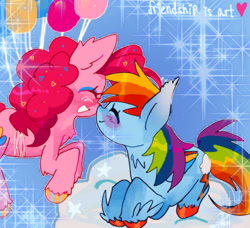 Size: 1870x1706 | Tagged: safe, artist:friendshipisart, pinkie pie, rainbow dash, earth pony, pegasus, pony, g4, balloon, blushing, boop, chest fluff, cloud, cute, dashabetes, diapinkes, duo, eyes closed, female, floating, lesbian, lying down, noseboop, ship:pinkiedash, shipping, smiling, then watch her balloons lift her up to the sky, unshorn fetlocks