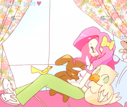 Size: 1909x1619 | Tagged: safe, artist:friendshipisart, angel bunny, fluttershy, bird, human, rabbit, equestria girls, g4, animal, bow, clothes, female, hair bow, pillow, side view, sitting, smiling, solo