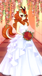 Size: 2238x4000 | Tagged: safe, artist:xjenn9, autumn blaze, kirin, anthro, g4, bouquet, bride, clothes, dress, female, flower, heart, heart eyes, looking at you, marriage, rose, solo, wedding, wedding dress, wingding eyes, ych example, your character here