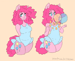 Size: 2124x1735 | Tagged: safe, artist:antonarcana, pinkie pie, earth pony, anthro, g4, balloon, balloon boobs, blue swimsuit, bow, clothes, cute, fake breasts, female, legs together, one-piece swimsuit, red background, simple background, solo, stuffing, swimsuit, tail, tail bow