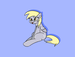 Size: 1600x1200 | Tagged: safe, artist:pertdegert, derpy hooves, pegasus, pony, g4, :p, blue background, female, simple background, sitting, smiling, solo, tongue out