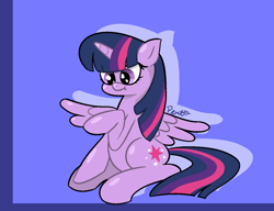 Size: 1368x1049 | Tagged: safe, artist:pertdegert, twilight sparkle, alicorn, pony, g4, blue background, female, simple background, sitting, smiling, solo, twilight sparkle (alicorn)