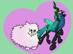 Size: 1600x1200 | Tagged: safe, artist:pertdegert, queen chrysalis, oc, oc:fluffle puff, changeling, changeling queen, pony, g4, duo, green background, heart, looking at each other, looking at someone, simple background, smiling