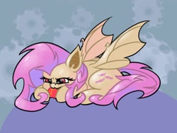 Size: 1600x1200 | Tagged: safe, artist:pertdegert, fluttershy, bat pony, pony, g4, apple, bat ponified, fangs, female, flutterbat, food, lying down, race swap, smiling, solo, spread wings, wings