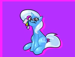 Size: 1600x1200 | Tagged: safe, artist:pertdegert, trixie, pony, unicorn, g4, :3, gay pride flag, looking at you, mouth hold, pride, pride flag, purple background, simple background, sitting, smiling, solo, transgender pride flag