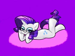 Size: 1600x1200 | Tagged: safe, artist:pertdegert, rarity, pony, unicorn, g4, :3, female, lying down, purple background, simple background, smiling, solo