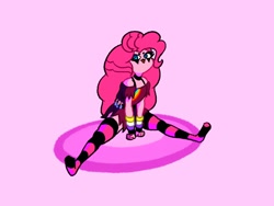 Size: 1600x1200 | Tagged: safe, artist:pertdegert, pinkie pie, human, equestria girls, g4, :p, clothes, female, gay pride flag, nonbinary pride flag, pink background, pride, pride flag, simple background, sit, sitting, smiling, socks, solo, striped socks, tongue out