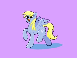 Size: 1600x1200 | Tagged: safe, artist:pertdegert, derpy hooves, pegasus, pony, g4, female, food, mouth hold, muffin, purple background, simple background, smiling, solo, spread wings, wings