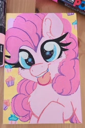 Size: 1766x2650 | Tagged: safe, artist:lbrcloud, pinkie pie, earth pony, pony, g4, bust, female, portrait, smiling, solo, tongue out, traditional art