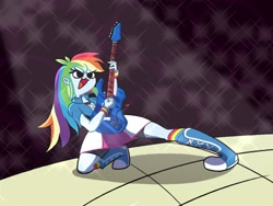 Size: 1600x1200 | Tagged: safe, artist:pertdegert, rainbow dash, human, equestria girls, g4, clothes, electric guitar, female, guitar, musical instrument, open mouth, simple background, skirt, solo