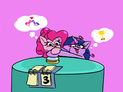 Size: 1600x1200 | Tagged: safe, artist:pertdegert, pinkie pie, twilight sparkle, alicorn, earth pony, pony, a trivial pursuit, g4, :p, blushing, duo, female, heart, lesbian, open mouth, purple background, ship:twinkie, shipping, simple background, tongue out, twilight sparkle (alicorn)