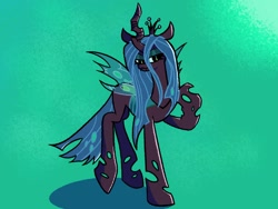 Size: 1600x1200 | Tagged: safe, artist:pertdegert, queen chrysalis, changeling, changeling queen, g4, fangs, female, raised hoof, simple background, solo