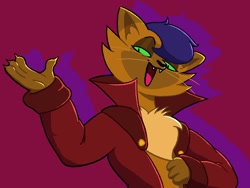 Size: 1600x1200 | Tagged: safe, artist:pertdegert, capper dapperpaws, abyssinian, cat, g4, chest fluff, clothes, fangs, male, open mouth, red background, simple background, solo