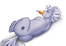 Size: 1783x1239 | Tagged: safe, artist:carminecat, alphabittle blossomforth, pony, unicorn, g5, alphabittle blossomforth is not amused, alphabooty, butt, dripping, eating, food, freckles, full body, horses doing horse things, lidded eyes, looking at you, looking back, lying down, male, messy eating, messy mane, on side, plot, popsicle, simple background, solo, stallion, suggestive eating, sweat, unamused, unimpressed, unshorn fetlocks, white background, younger