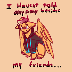 Size: 2048x2048 | Tagged: safe, artist:ask-trans-scoots, scootaloo, pegasus, pony, g4, ask, blushing, clothes, cute, dialogue, floppy ears, high res, hoodie, large wings, male, simple background, sitting, solo, trans male, transgender, tumblr:ask trans scootaloo, wings