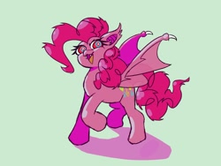 Size: 1600x1200 | Tagged: safe, artist:pertdegert, pinkie pie, bat pony, pony, g4, bat ears, bat ponified, bat wings, fangs, female, green background, open mouth, pinkiebat, race swap, raised hoof, simple background, solo, wings