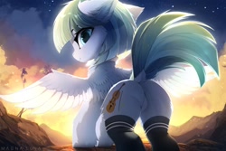 Size: 1600x1067 | Tagged: safe, artist:magnaluna, oc, oc only, oc:silky strings, pegasus, pony, butt, chest fluff, clothes, dock, ear fluff, featureless crotch, female, looking at you, looking back, looking back at you, mare, pegasus oc, plot, rear view, scenery, socks, solo, spread wings, sunshine, tail, wings