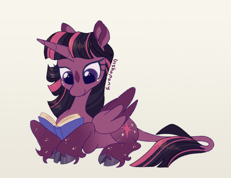[alicorn,alternate design,animated,book,classical unicorn,cloven hooves,female,gif,glowing,glowing horn,horn,loop,magic,mare,pony,prone,reading,safe,signature,simple background,solo,telekinesis,twilight sparkle,unshorn fetlocks,white background,lying down,facial markings,bookhorse,smiling,coat markings,leonine tail,twilight sparkle (alicorn),star (coat marking),artist:bishopony]
