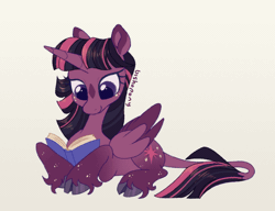 Size: 772x594 | Tagged: safe, artist:bishopony, twilight sparkle, alicorn, classical unicorn, pony, g4, alternate design, animated, book, bookhorse, cloven hooves, coat markings, ear markings, facial markings, female, gif, glowing, glowing horn, horn, leonine tail, loop, lying down, magic, mare, prone, reading, signature, simple background, smiling, solo, star (coat marking), telekinesis, twilight sparkle (alicorn), unshorn fetlocks, white background