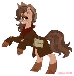 Size: 882x906 | Tagged: safe, artist:dozyarts, oc, oc only, oc:tarnished clutter, earth pony, pony, fallout equestria, bag, bandana, clothes, coat, cowboy hat, fallout, female, grin, hat, looking at you, makeup, raffle prize, rearing, simple background, smiling, solo, white background