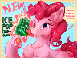 Size: 3200x2400 | Tagged: safe, artist:br0via, pinkie pie, earth pony, pony, g4, advertisement, ear fluff, female, food, frog (hoof), high res, hoof hold, licking, looking at you, magnetic hooves, mare, one eye closed, popsicle, solo, text, tongue out, underhoof, wink, winking at you