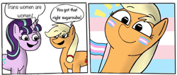 Size: 1080x458 | Tagged: safe, anonymous editor, artist:gamedevanon, edit, edited edit, applejack, starlight glimmer, earth pony, pony, unicorn, g4, 2 panel comic, applebetes, comic, comments locked down, cute, dialogue, duo, duo female, emanata, eyebrows, face paint, female, flag, glimmerbetes, happy, jackabetes, lgbt, lgbtq, male to female, mare, mouthpiece, open mouth, open smile, pride, pride flag, raised eyebrow, raised eyebrows, smiling, speech bubble, stonetoss, talking, trans female, transgender, transgender pride flag