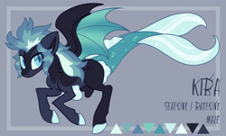 Size: 1920x1163 | Tagged: safe, artist:bishopony, oc, oc only, oc:kiba (bishopony), bat pony, fish, hybrid, pony, seapony (g4), amputee, blue mane, blue tail, dorsal fin, fangs, fin, fish tail, male, reference sheet, simple background, solo, spread wings, stallion, tail, wings