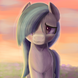 Size: 1000x1000 | Tagged: safe, artist:candy meow, marble pie, earth pony, pony, g4, blushing, cheek fluff, chest fluff, cute, ear fluff, female, flower, flower field, hair over one eye, mare, scenery, shy, solo, sunset