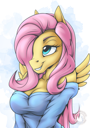 Size: 2171x3070 | Tagged: safe, artist:mysticalpha, fluttershy, pegasus, anthro, g4, breasts, busty fluttershy, cleavage, clothes, female, grin, hair over one eye, high res, shoulderless, smiling, solo