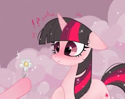 Size: 2048x1620 | Tagged: safe, artist:petaltwinkle, pinkie pie, twilight sparkle, pony, unicorn, g4, blushing, cute, duo, emanata, exclamation point, featured image, female, floppy ears, flower, hoof hold, hoof on chest, imminent bite, implied pinkie pie, interrobang, lesbian, limited palette, magnetic hooves, mare, nose wrinkle, offscreen character, question mark, raised hoof, scrunchy face, ship:twinkie, shipping, signature, smoke, solo focus, sparkles, twiabetes, unicorn twilight, wide eyes