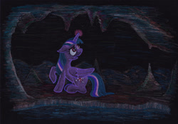 Size: 1024x714 | Tagged: safe, artist:malte279, twilight sparkle, alicorn, pony, g4, black background, colored pencil drawing, darkness, flowstone cave, simple background, stalactite, stalagmite, traditional art, twilight sparkle (alicorn), worried