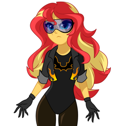 Size: 1116x1126 | Tagged: safe, artist:rosemile mulberry, sunset shimmer, human, equestria girls, g4, clothes, equestrian city, female, jacket, leotard, scar, simple background, solo, superhero, updated design, visor, white background