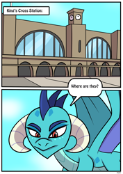 Size: 2480x3507 | Tagged: safe, artist:rex-equinox, part of a set, princess ember, dragon, comic:ember express, g4, comic, commission, dragon lord ember, flying, high res, inanimate tf, train station, transformation, transformation sequence