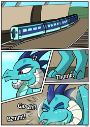 Size: 2480x3507 | Tagged: safe, artist:rex-equinox, part of a set, princess ember, dragon, comic:ember express, g4, coach, commission, dragon lord ember, high res, inanimate tf, tracks, train, transformation, transformation sequence