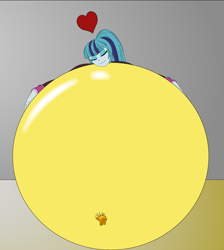 Size: 946x1057 | Tagged: safe, artist:hakdurbin, sonata dusk, human, equestria girls, g4, balloon, circle tool, cute, eyes closed, female, happy, heart, hug, lying down, ponytail, prone, simple background, smiling