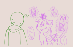 Size: 1193x772 | Tagged: safe, artist:blex, twilight sparkle, oc, oc:anon, alicorn, human, pony, g4, beige background, clothes, doodle, duo, erlenmeyer flask, female, flask, halfbody, hoodie, jumper cables, levitation, looking at each other, looking at someone, magic, magic aura, male, mare, question mark, simple background, smiling, smiling at each other, sweat, sweating profusely, telekinesis, twilight sparkle (alicorn)