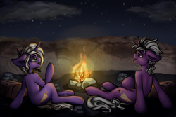 Size: 4500x3000 | Tagged: safe, artist:erie takagi, oc, oc:caesius lucius luculus, oc:fulgrim luculus, pony, unicorn, camping, desert, fire, male, night, sand, siblings, stars