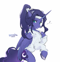 Size: 2428x2500 | Tagged: safe, artist:spoosha, princess luna, alicorn, pony, g4, asian, clothes, cute, eye clipping through hair, female, high res, lunabetes, mare, pointing at self, question mark, rearing, simple background, solo, white background