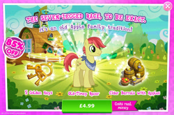 Size: 1964x1301 | Tagged: safe, gameloft, happy trails, earth pony, pony, g4, my little pony: magic princess, official, advertisement, apple, apple family member, barrel, cider, cider mug, costs real money, english, food, introduction card, key, male, mobile game, mug, neckerchief, numbers, sale, solo, stallion, text