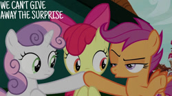 Size: 828x465 | Tagged: safe, edit, edited screencap, editor:quoterific, screencap, apple bloom, scootaloo, sweetie belle, earth pony, pegasus, pony, unicorn, g4, season 9, the big mac question, cutie mark crusaders, female, filly, foal