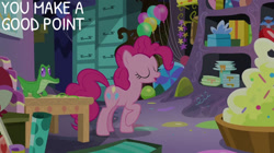 Size: 828x465 | Tagged: safe, edit, edited screencap, editor:quoterific, screencap, gummy, pinkie pie, alligator, earth pony, pony, g4, secrets and pies, balloon, file cabinet, party cave, present