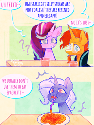 Size: 1536x2048 | Tagged: safe, artist:sockiepuppetry, starlight glimmer, sunburst, trixie, pony, unicorn, g4, 2 panel comic, comic, crazy straw, dialogue, drink, drinking, eating, female, food, male, mare, pasta, question mark, silly, silly pony, silly straw, spaghetti, speech bubble, stallion, straw, trio
