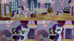 Size: 828x465 | Tagged: safe, edit, edited screencap, editor:quoterific, screencap, rarity, sweetie belle, pony, unicorn, g4, sisterhooves social, belle sisters, carousel boutique, female, foal, mannequin, mare, mirror, siblings, sisters