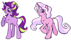 Size: 972x556 | Tagged: safe, artist:gaines, pinkie pie, starlight glimmer, pony, unicorn, g4, duo, duo female, female, leonine tail, mare, missing cutie mark, race swap, redesign, simple background, tail, transparent background, unicorn pinkie pie